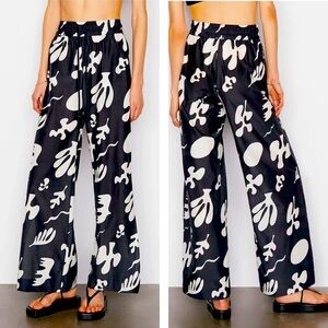 FRAME Drawstring Lounge Pants Cotton Silk Black White Abstract Print Wide Leg XS